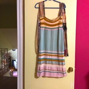 M Missoni knit shift dress with and silk scarves for each shoulder.